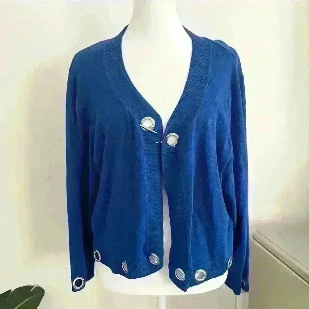 Lane Bryant Sz 18/20 2XL Women Cardigan Sweater Blue Silver Toggles Scoop Neck